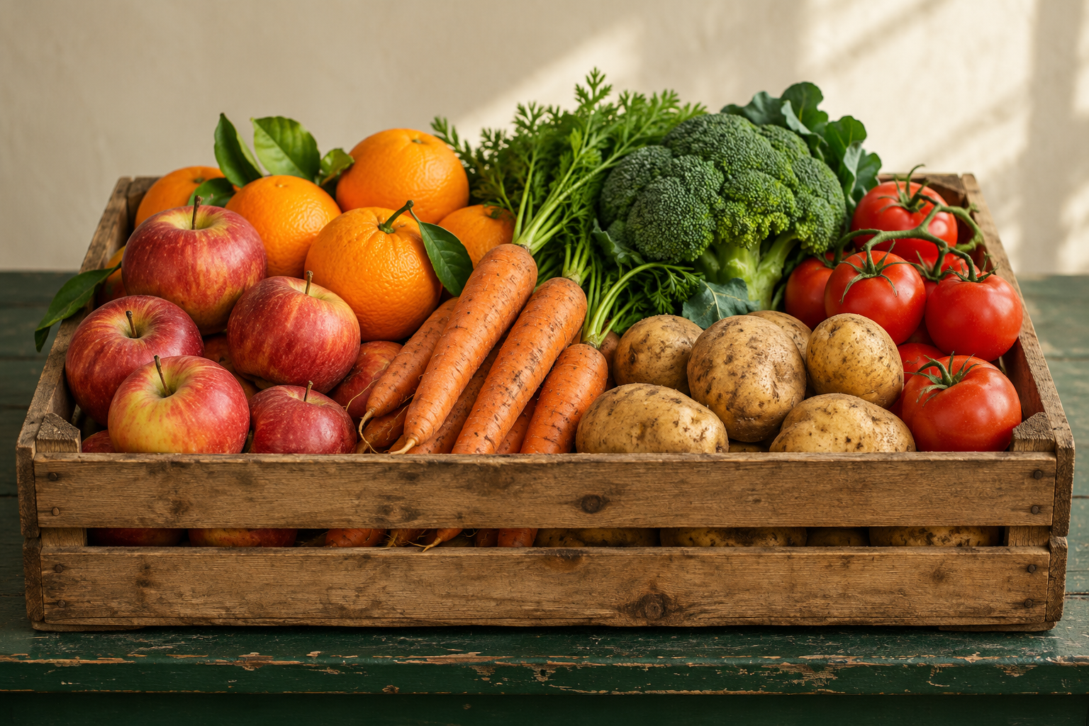 Illustrative crate filled with colourful fruit and vegetables